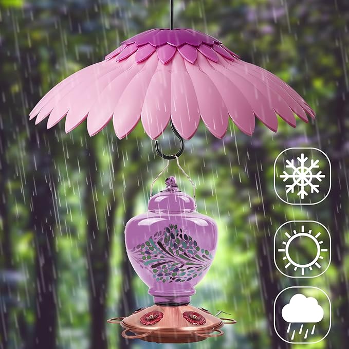 Beserie Bird Feeder Baffle Weather Rain Guard Dome Cover Keep Nectar Cool 14" Largh Diameter with Moat and 3 Hooks for Outside Hanging Hummingbird Feeder Bird Feeder（Pink Purple）