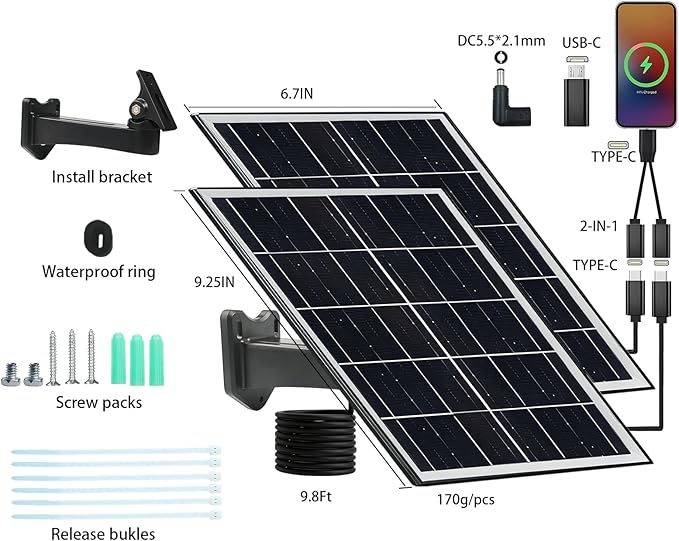 5V 16W Solar Panel for Security Camera IP65 Waterproof USB Solar Panel Charger Type-C Port、Micro USB Port＆DC Port Solar Sanels for Cameras with 9.8ft Charging Cable(8W black-2pack)