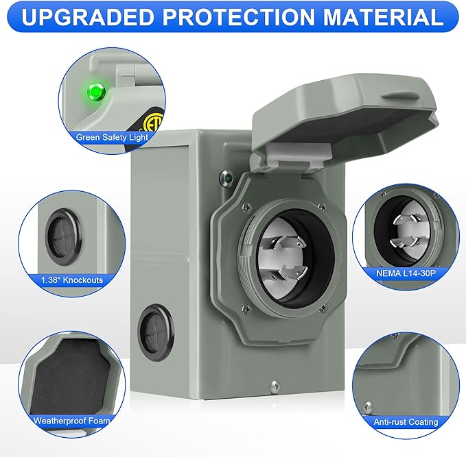 30 Amp Generator Inlet Box, NEMA L14-30P Power Inlet Box for 4-Prong Generator Cord, 125/250V 7500W Weatherproof Outdoor Box with Pre-Drilling Design & Green LED Indicator, ETL Listed