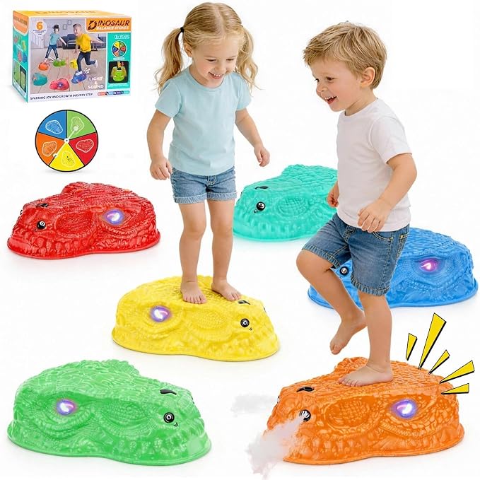 Dinosaur Stepping Stones for Kids 3-5, 6 Pcs Non-Slip Balance Sensory Toys with Mist Spray & Roaring Sound, Light Up Rechargeable Toddler Stepping Stones for Indoor & Outdoor Obstacle Course