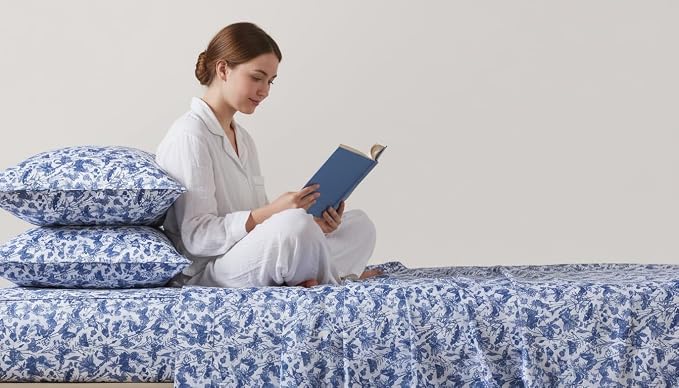 FADFAY Twin XL Blue Toile Sheets Set Dorm Room Essential Bedding 100% Egyptian Cotton Soft Breathable Sheets Blue Butterfly French Country Vintage Farmhouse Sheet, Extra Long for College Bedding 4Pcs