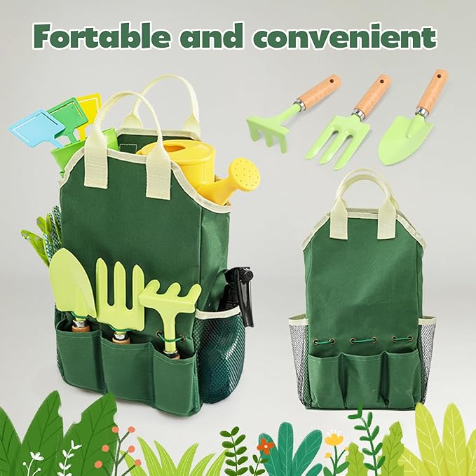 JOI MEW Kids Gardening Tools Set, Garden Toys w/Wooden Handle Alloy Rake,Fork,Trowel, Watering Can,Gloves,Tote Bag,Plant pots, DIY Bookmark Kits, Spring Summer Toy Outdoor Gift for Toddler Boy Girl