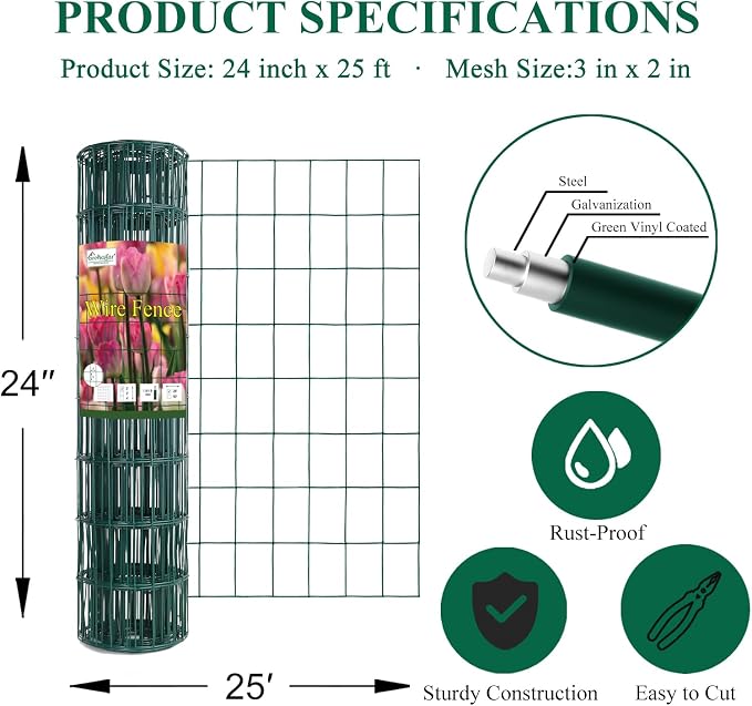 FOREHOGAR Green PVC Coated Welded Wire Fence 24 Inch x 25 Foot, 2 Inch x 3 Inch 16GA, Garden Border Fencing Roll Vinyl Coating Metal Wire Mesh for Yard Vegetable Plant Protection Poultry Netting