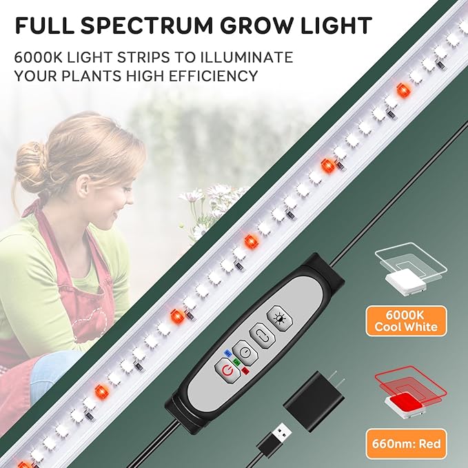 SDOVUERC 2 Bars Grow Light Strips for Indoor Plants with Auto ON/Off Timer 6/12/18H, 5 Dimmable Levels for Shelves Plant Growing (2 Bars, 1 Pack)