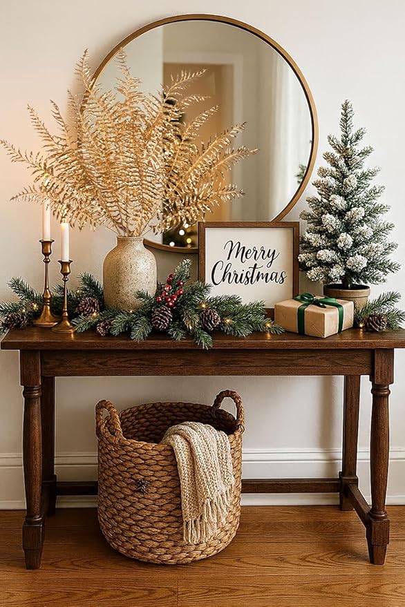 GnFlus 30” Artificial Gold Ferns Leaves Stems Christmas Long Branch 3Pcs Fake Leave Flower Tall for Christmas Tree DIY Xmas Wreath Garland Arrangment Vase