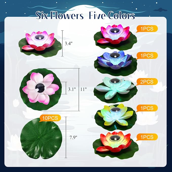 VIHOSE 6 Pcs Solar Floating Pond Lights Waterproof Solar Lotus Floating LED with 10 Pcs Lily Pads Swimming Pool Pond Flower Night Lights for Patio Garden Pool Outdoor Party Decorations