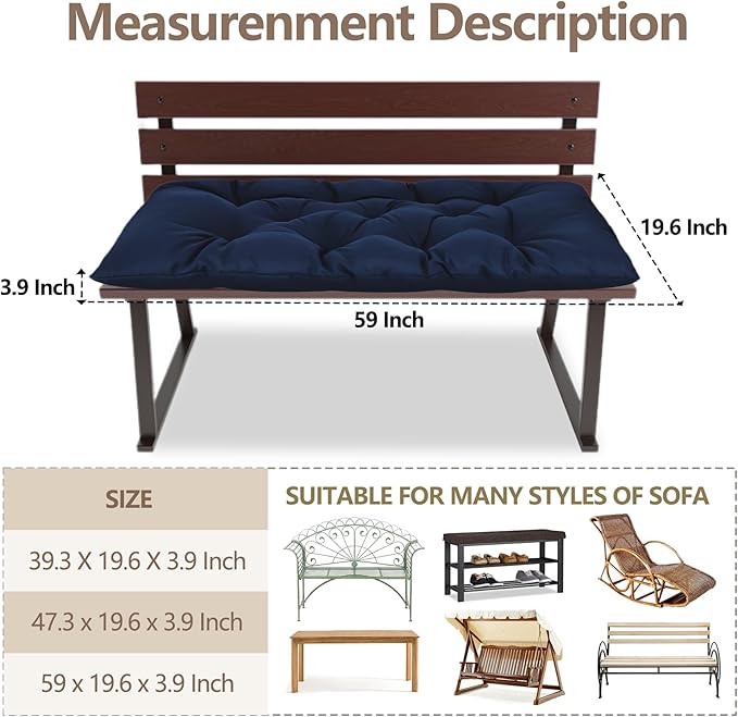Yddsky 59 inch Waterproof Indoor/Outdoor Garden Bench Seat Cushions,Thicken Patio Bench Soft Rocking Chairs Pad Lounger Seat for Porch Wicker Loveseat Settee (59x19.6x3.9 inch,Navy