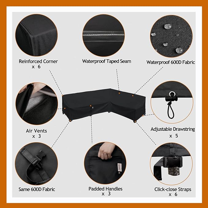 Heavy Duty Outdoor Sectional Sofa Cover, Waterproof 600D Patio Sectional Couch Covers, Lawn Patio Furniture Cover (Midnight Black, 130"x100"(L-Shaped-Right Facing))