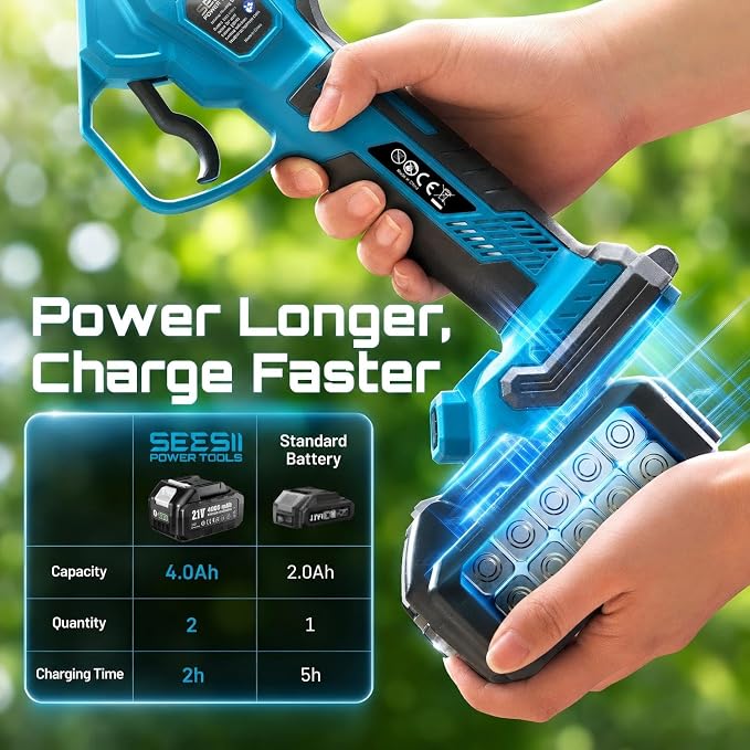 SEESII Electric Pruning Shears 1.6'' Cut, 20V Cordless Branch Cutter With LCD Display, 2 x 4.0Ah Batteries, Brushless Motor, SK5 Blade, Auto Sleep, Extra Blade For Garden Trees And Vines