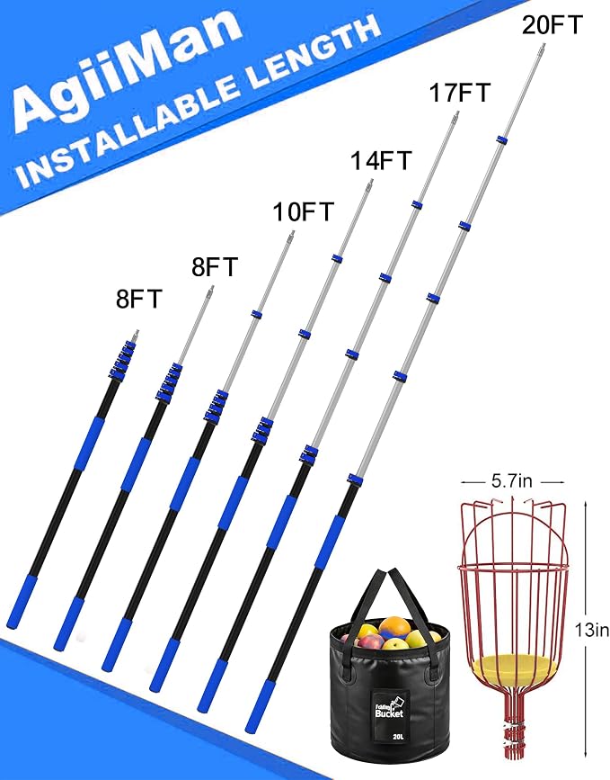 AgiiMan 28 Reach Fruit Picker with Telescopic Extension Pole and 20L Bucket, 5 to 20 FT Fruit Picker Pole Lightweight and Sturdy Aluminum Telescopic Pole, Easy to Assemble Fruit Picking Basket