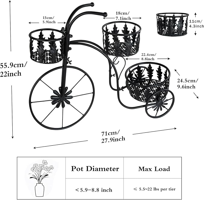 Metal Bicycle Planter Stand, 3 Tier Flower Pot Stand Cart with 3 Plant Buckets, Outdoor Garden Decorative Planter for Yard Patio Lawn Flower Shop Home Decor (Black)