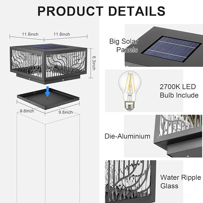 Solar Pillar Light Outdoor,Dusk to Dawn Waterproof Solar Column Cap Lights,Modern Square LED 2700K outdoor column light for Garden Patio Porch Decoration with E26 Bulb,Remote Control (W11.8*H6.3)