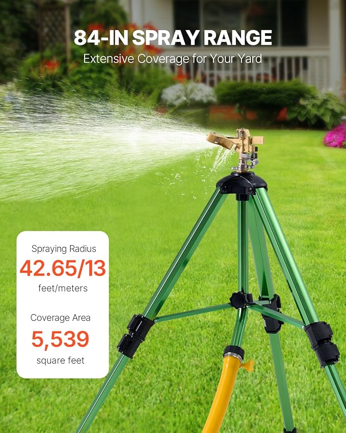 VEVOR Impact Sprinkler on Tripod Base, 2 Packs, Heavy Duty Tripod Sprinklers with Brass Head & 3/4" NH Connector, 360 Degree Large Area Irrigation Sprinkler, Adjustable Heights Sprinkler for Yard