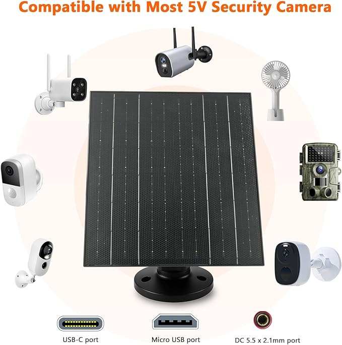 Zivif 10W Solar Charger, 5V Solar Panel for Security Cameras with USB-C/Micro USB/DC 5.5x2.1mm Ports, IP66 Waterproof, 360° Adjustable Mount & 7.2ft Cable (2 Pack)