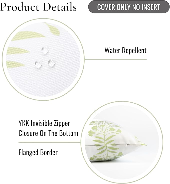 Hofdeco Premium Coastal Patio Indoor Outdoor Lumbar Pillow Cover Only, 12"x20" Water Repellent for Backyard, Couch, Green Print Floral (Pack of 2)