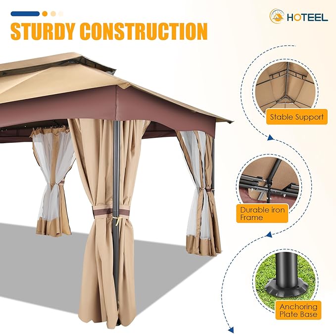 HOTEEL Gazebo 12x20, Outdoor Gazebo on Clearance with Double Ventilated Arc Roof, Privacy Curtains & Mosquito Netting, Easy Set up Canopy Tent with Stable Metal Frame for Patio Gazebo, Khaki