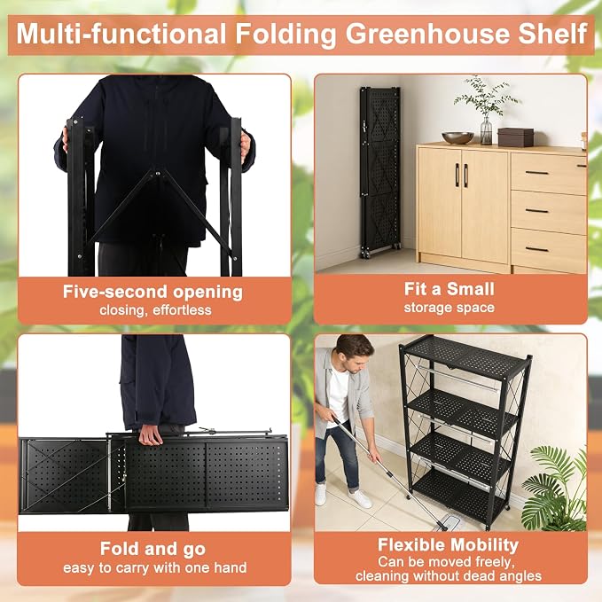 Indoor Greenhouse with Grow Light, 4-Tier Foldable Metal Plant Shelf with Full Spectrum 6000K Growing Lamps and Tent, Mini Greenhouse Cabinet with Timer for Seed Starting (28.2"x14.2"x50")