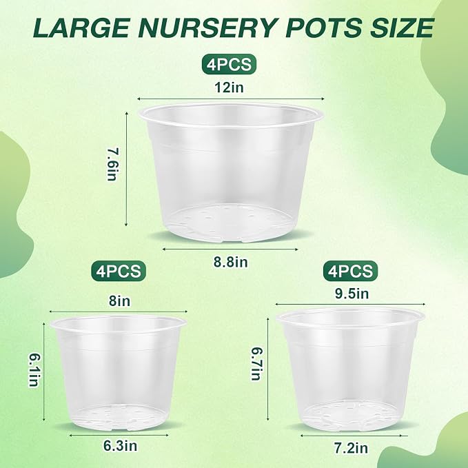 12/10/8 Inch Clear Nursery Pots with Drainage Holes, 12 Pack Flexible Large Plant Pots for Plants, Plastic Clear Pots for Seedling, Shrubs, Herbs, Flowers, Vegetables