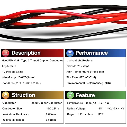 10 Gauge Wire - iGreely Solar Panel Wire 100Ft Black & 100Ft Red 10AWG(6mm²) Tinned Copper UV Resistant Cable for Solar Panel MPPT Controller Boat Marine Automotive RV Outdoor