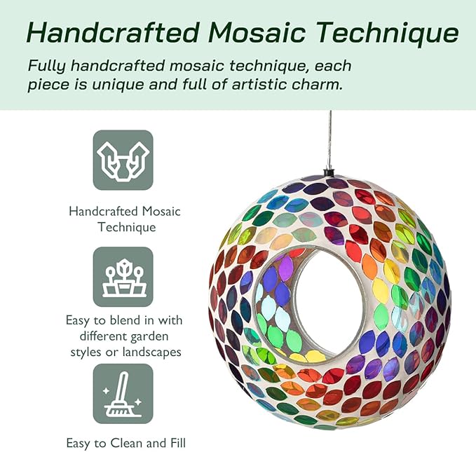 Glitzhome Hanging Glass Bird Feeder, 8" D Round Multi-Color Birdfeeder for Outside Hanging, Mosaic Wild Bird Feeder for Garden, Yard, Backyard, Deck and Porch Decorations