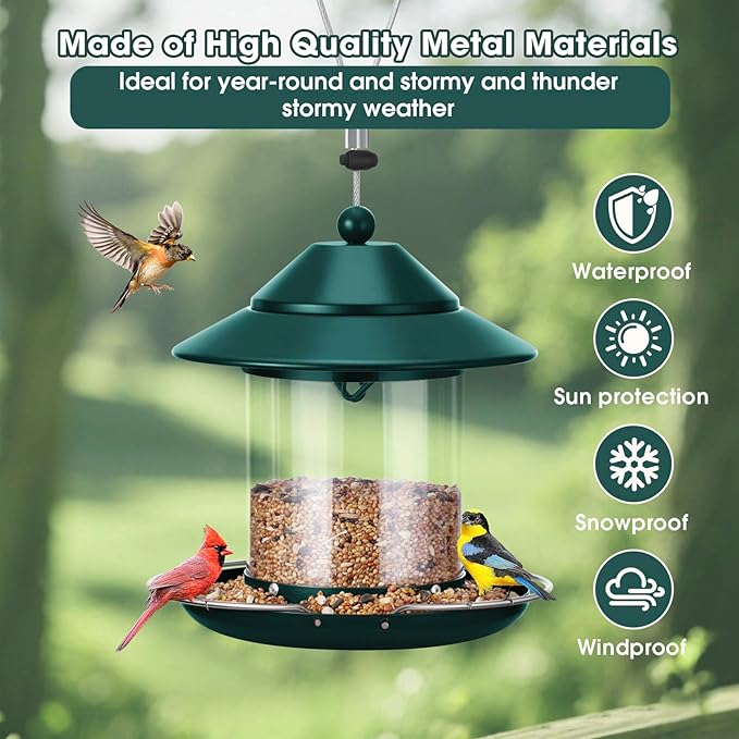 Bird Feeder, Hanging Metal Bird Feeders for Outdoors with 2LB Clear Tube Seed Capacity for Viewing Cardinal Finch, Chew Proof Wild BirdFeeders for Outside Garden Yard Decoration