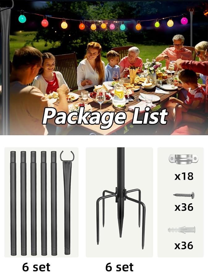 6 Pack String Light Poles for Outside, 10ft Metal Outdoor String Light Poles for Deck - Ideal for Patio, Garden, Yard, Front Porch Decorations, Black