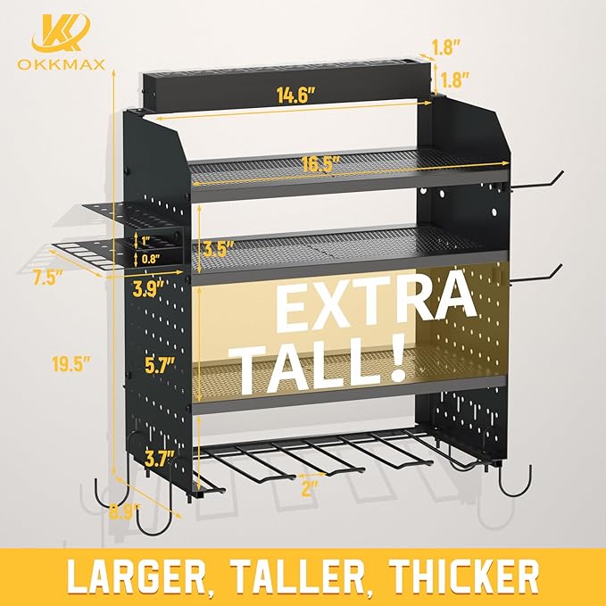 Drill Holder Wall Mount with 8-Outlet Charging Station, 190lbs Load 4 Layers Carbon Steel Heavy Duty Power Tool Organizer Wall Mount for Garage & Workshop, 4 Drill Holders, Modular Pegboard Rack