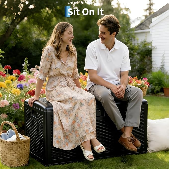 Large Resin Deck Box 120 Gallon with Lockable Lid, Waterproof Outdoor Storage Box and 500-Lb Bench Seat for Patio Cushions, Pool Toys, Garden Tools, Porch, Backyard, Deck, and Indoor Use