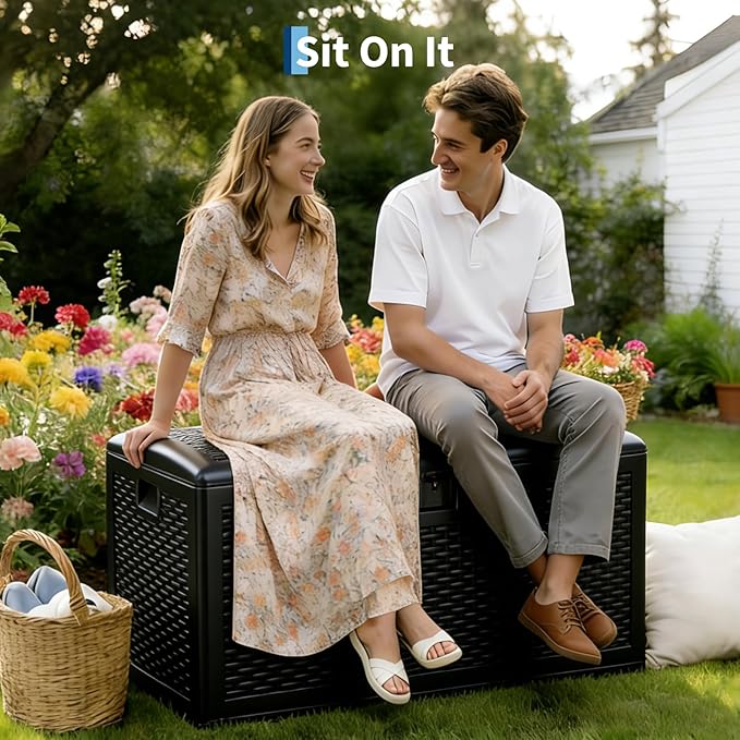 CABIHOME Outdoor Storage Box 120 Gallon Waterproof Large Resin Deck Box Indoor Outdoor Lockable Storage Container for Patio Furniture Cushions Garden Tools, Pool Garden, 120 Gallon, Black