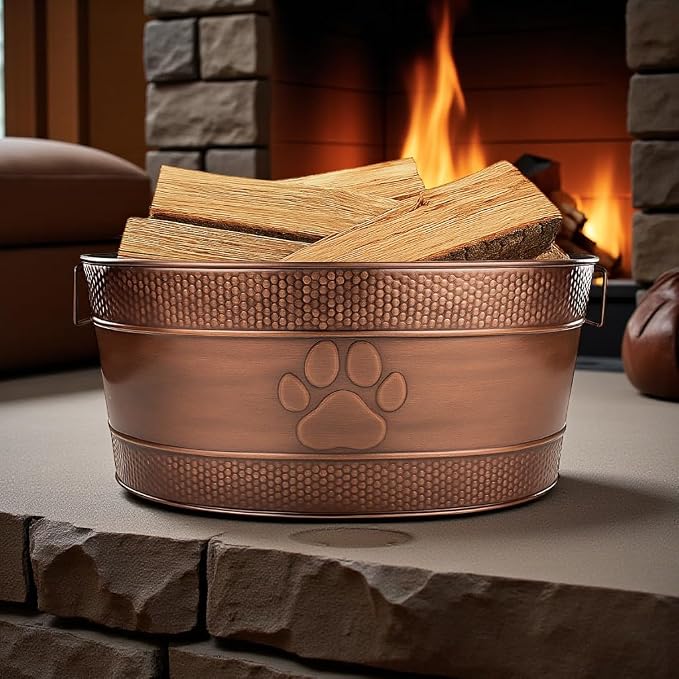 BREKX 25-Quart Tub for Firewood Storage Rack Log Holder - Heavy-Duty Portable Galvanized Tub with Handles for Indoor/Outdoor (Bronze Paw)