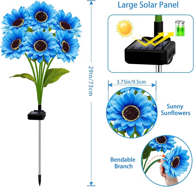 Solar Garden Lights Outdoor, 6 Pack Blue Sunflower Lights with 36 Sunflower, Waterproof 60 Led Garden Fall Decor, Gifts for Mom Grandma, Decorative Solar Flowers for Pathway Patio Yard Decoration