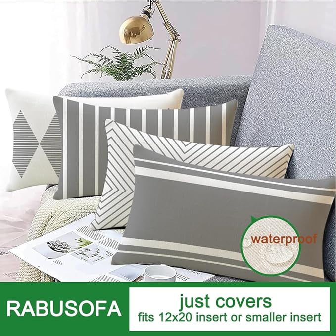 RABUSOFA Outdoor Pillows Covers 12x20 inch Waterproof,Grey and Beige Boho Lumbar Throw Cushion Case Set of 4 for Patio Furniture for Couch Sunbrella(Grey and Beige, 20" x 12" (Pack of 4))