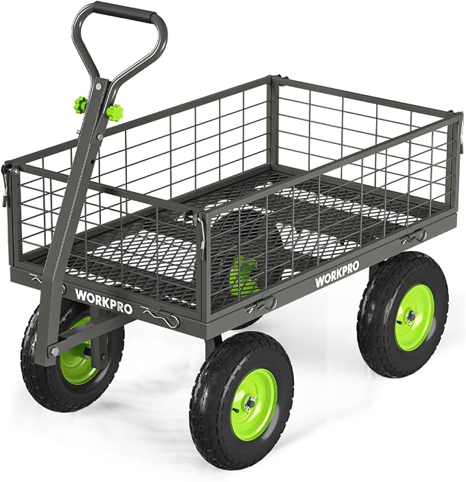 WORKPRO Large Heavy Duty Garden Cart 770 lb, 2-in-1 Convertible Utility Wagon with Removable Sides, 180° Tow Handle for ATV or Lawn Tractor, 270° Steering, Extra Large Yard Cart with All Terrain Tires