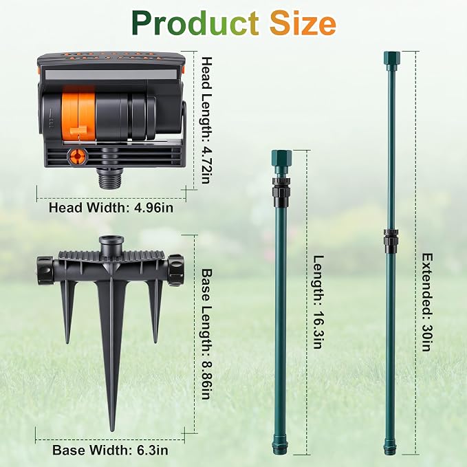 Oscillating Sprinkler with Adjustable Aluminum Riser, 4 Way Lawn Sprinklers for Yard and Garden, 16 Nozzles, Cover up to 4.069 sq. ft Ideal for Watering Different Heights (Spike)