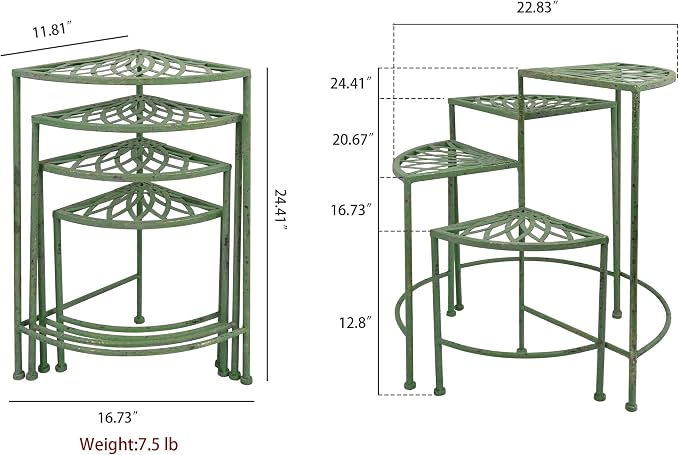 Rustic 4 - Tier Metal Plant Stand - Foldable Distressed Green Corner Plant Rack, Vintage Flower Pot Holder Shelves for Patio Porch Garden Balcony Living Room Use, Indoor/Outdoor Home Decor (Green)