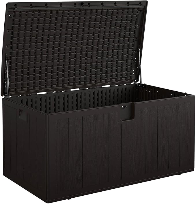 Cosco 130 Gallon Durable Resin Deck Box with Gas Shocks and Adjustable Divider