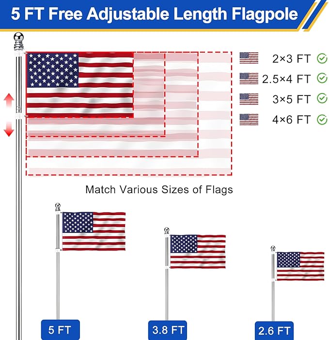 Flag Pole for Outside House, Heavy Duty Metal Flagpole for Residential, Outdoor or Porch, Stainless Steel Flag Poles, Upgraded Tangle Free Design, 1 Inch (5 FT, Sliver)