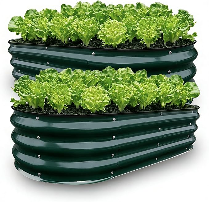 GrowHaus 4x2x1ft Galvanized Raised Garden Bed, Planter Boxes Outdoor Metal Garden Beds for Planting Vegetables Flowers Herbs Dark Green 2 Pack