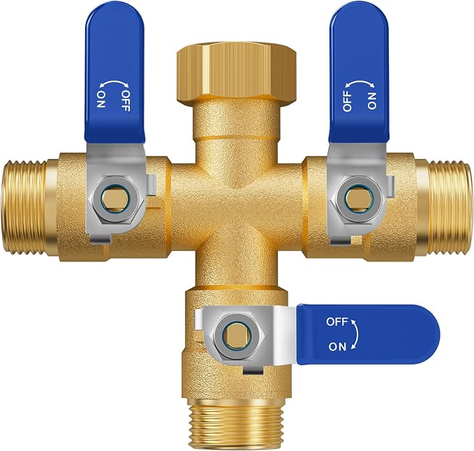 Garden Hose Splitter, 3 Way Heavy Duty Brass hose splitter, Water Hose Bib Spigot Splitter with 0.59" Full Flow Ball Valve Outlet & Shut-Off Valve 3/4'' Connector Outdoor Water Faucet Adapter（Blue）