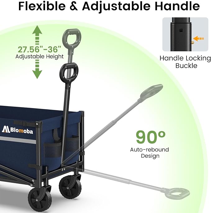 Blomoba Collapsible Wagon Cart, 220LBS Heavy Duty Collapsible Wagon with All-Terrain Wheels 360° Rotation, Flexible Handle, Portable Utility Cart for Grocery Sports Garden Shopping Camping Beach, Blue