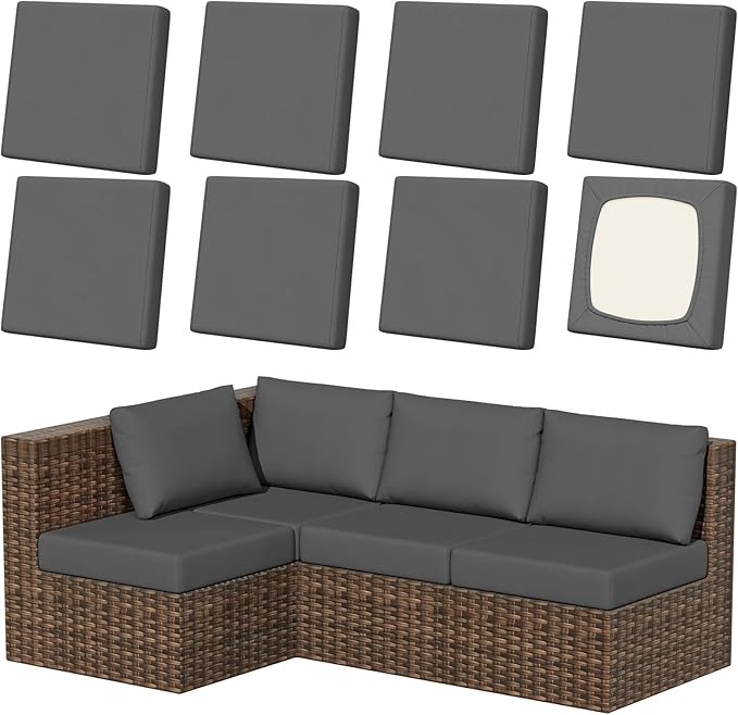 8Pcs Patio Stretch Cushion Covers, Outdoor Couch & Sofa Replacement Slipcovers for Patio Furniture Cushion Covers, Washable Reusable Furniture Protector, Square Large, Medium Grey