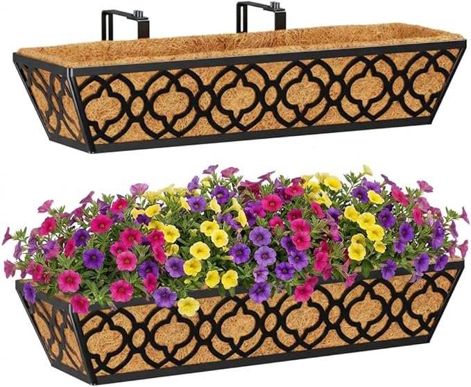 Y&M Window Boxes Horse Trough with Coconut Coir Liner, 24 Inch Window Deck with Coco Liner, Fence Metal Hanging Flower Planter Window Basket Deck Railing Planter Boxes (Flower 24in 2P)