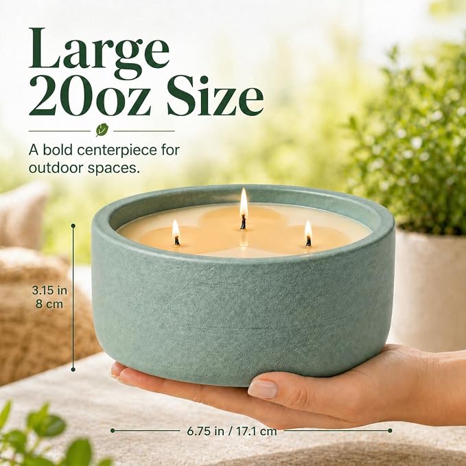 20oz Large Scented Candle Outdoor - Citronella & Bergamot, 3 Wick Non Toxic Soy Scented Candles Indoor, Green Decorative Ceramic Jar Candle for Women, Men, Patio, Home, Bedroom, Bathroom, Living Room