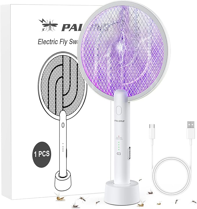 PALONE Electric Fly Swatter 4000V Bug Zapper Racket, Dual Modes Mosquito Killer with Battery, Rechargeable Mosquito Killer Lamp with 3 Layers Safety Mesh for Indoor and Outdoor, White 1P