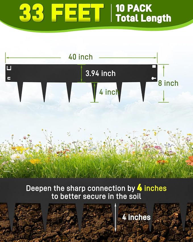 10-Pack Metal Landscape Edging 40" L x 8" H Black Galvanized Steel Landscape Edging, Bendable, Easy to Install and Durable for Garden and Yard Pathway Divider, Total Length 33Feet