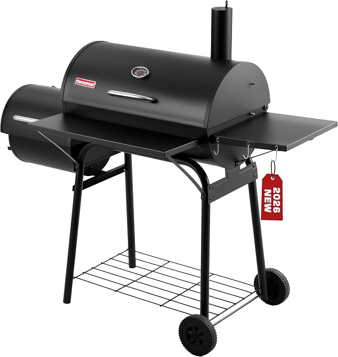 Charcoal Grill Offset Smoker, 744.5 Sq.In Outdoor BBQ Smoker Grill with Side Fire Box, 4-Position Charcoal Pan, Built-in Thermometer, Side Table & Wheels for Backyard Patio Camping