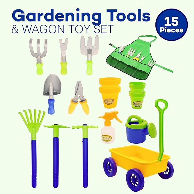 4E's Novelty 15 Piece Gardening Tools & Wagon Toy Set with Plastic Wheelbarrow, Apron, STEM Pretend Play Outdoor Toy for Toddlers Kids Boys Girls