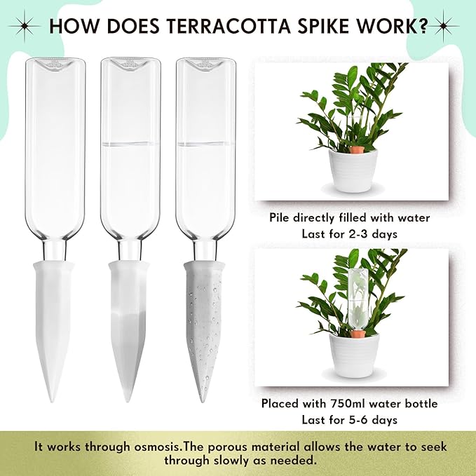 Ziliny 8 Pcs White Terracotta Watering Spikes with 25 oz Plastic Bottles Set, Plant Watering Devices Vacation Plant Waterer Self Watering Planter Devices Slow Release Planter for Indoor Outdoor