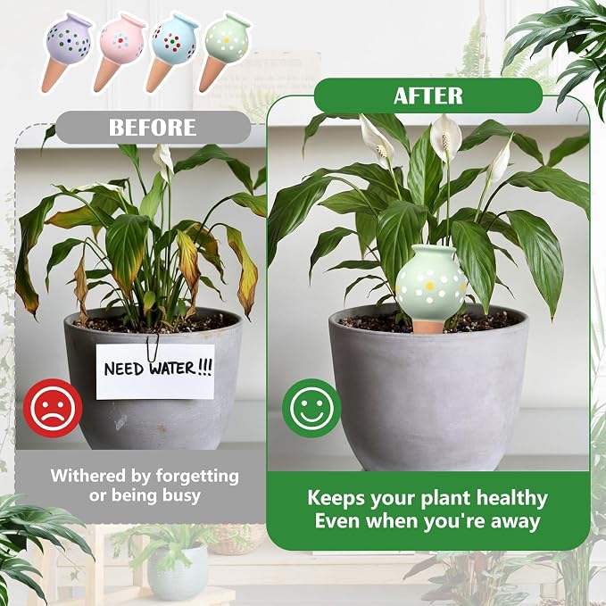 Domensi 4 Pack Terracotta Plant Watering Devices, Self Watering Spikes, Polka Dot Wine Bottle, Automatic Insert System Decorative Stakes, Cute Plant Spikes for Indoor Outdoor Plants