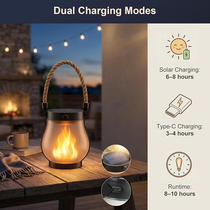 Solar Lanterns Outdoor Waterproof 2 Pack, Outdoor Solar Lanterns with Flickering Flame Effect, USB-C & Solar Charging, Auto Dusk to Dawn, Hanging Light for Garden Patio Yard
